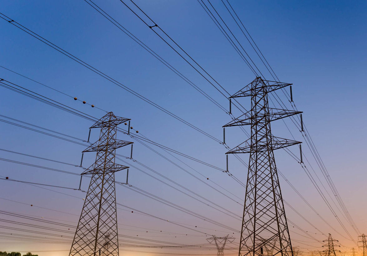 Power lines on metal towers