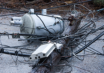 Equipment from the top of a utility pole that has fallen to the ground