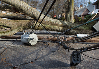 Utility pole and wires tangled with downed tree