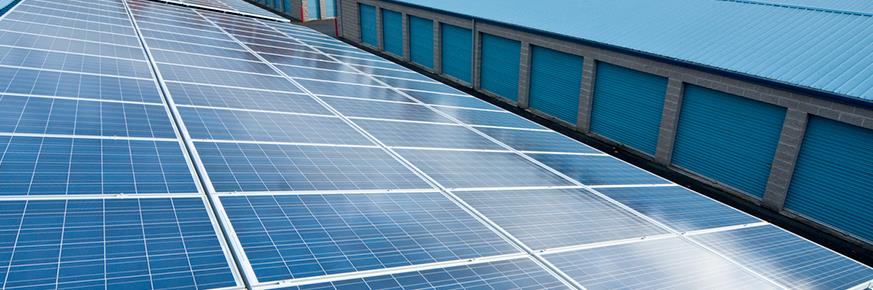 Solar panels on a large, commercial building