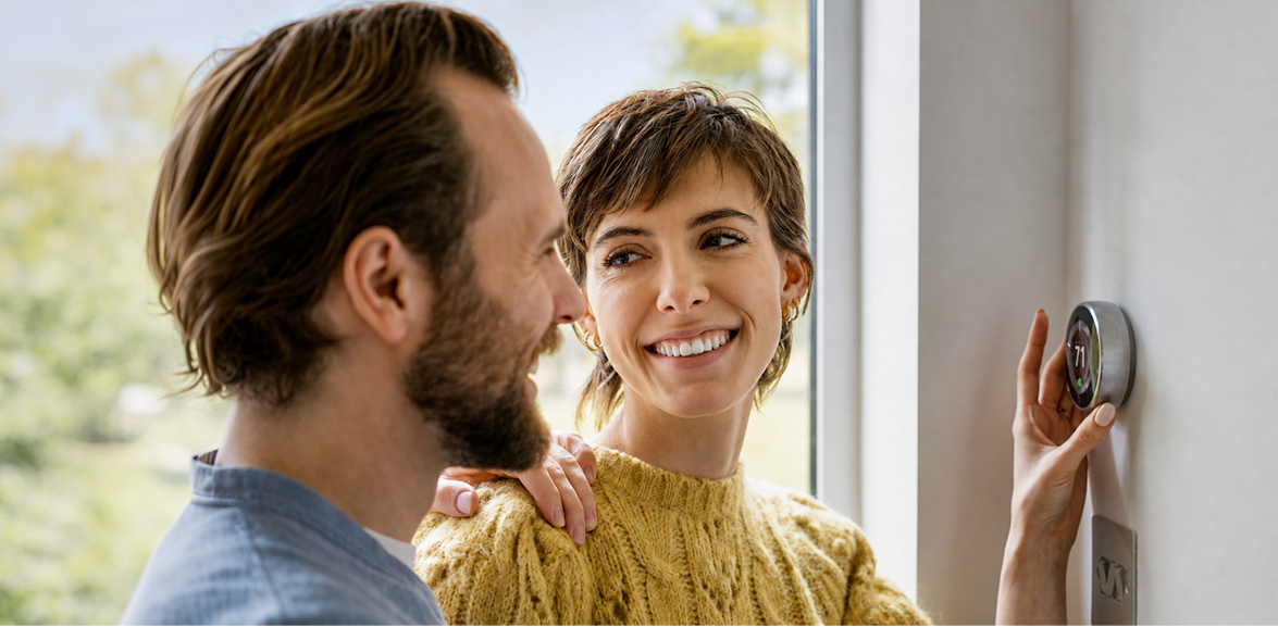 Man and woman using smart thermostat
