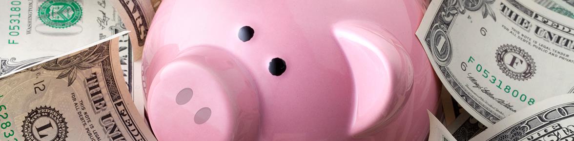 A pink piggybank sitting on a pile of money