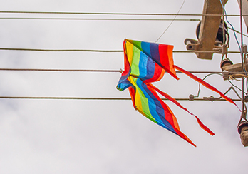 A kite stuck in power lines