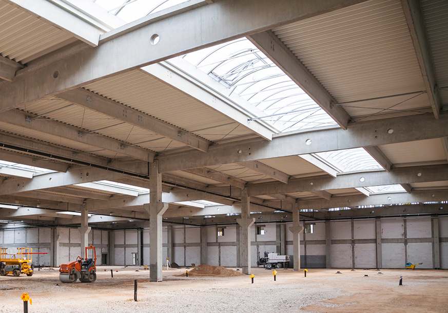Skylights in an industrial building under construction