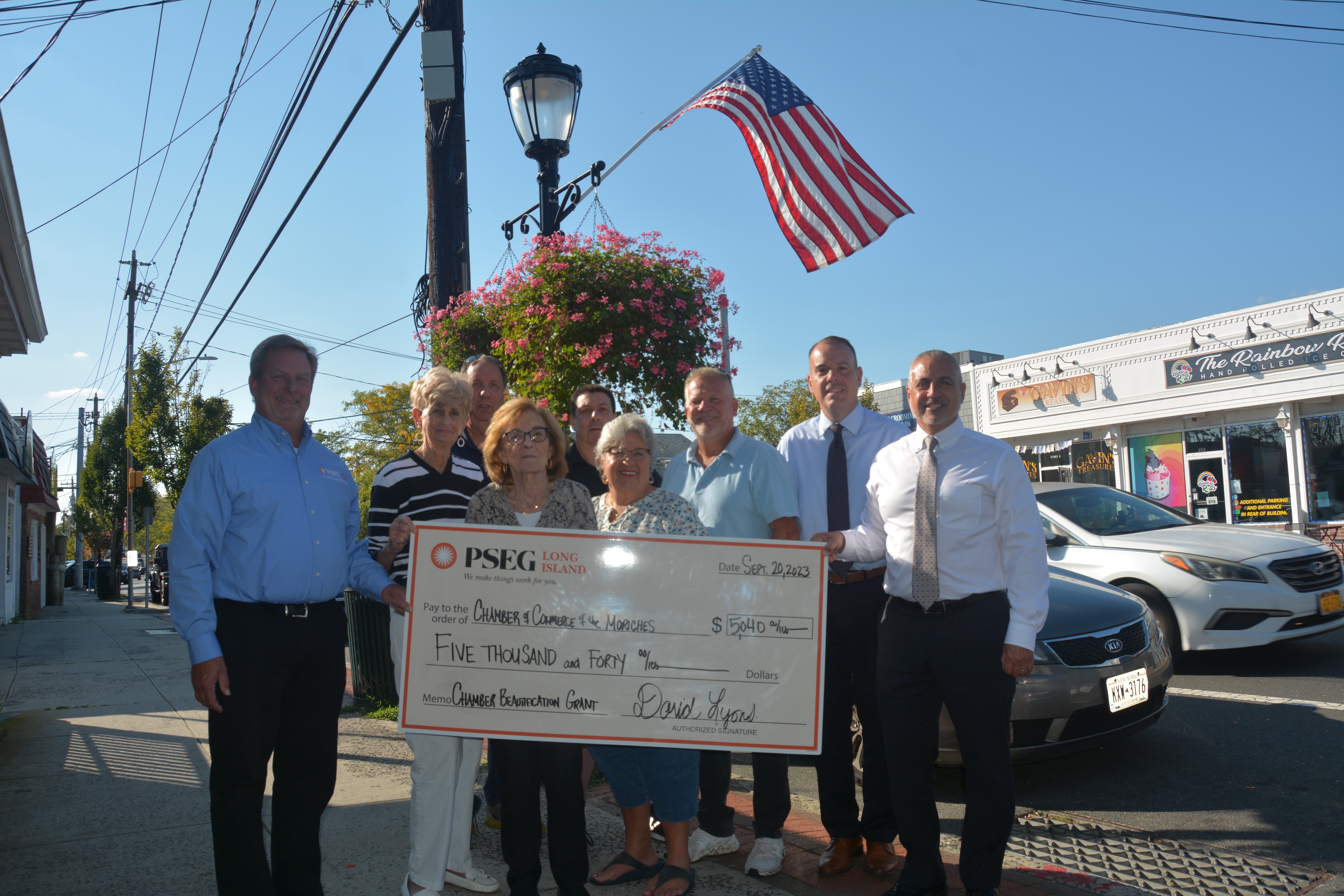 Pictured (from l-r) are: Alex Nyilas of PSEG Long Island with board members of the local chambers of commerce that received the PSEG Long Island grant. They are Miriam Gillies, Bill Zalakar, Gerry Sapanaro, Joe Bonanno, Anne Montanez and Paul Quinn. Also pictured are Brookhaven Town Councilman Dan Panico and Suffolk County Legislator Jim Mazzarella, who supported the project. 