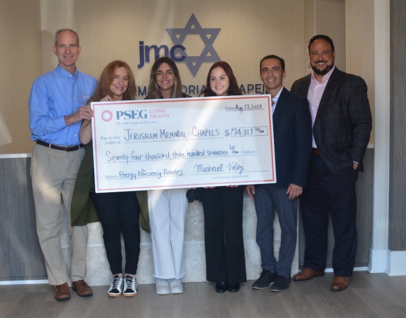 Pictured from left to right are: Michael Voltz, Carla Perrota and Brittany Degel representing PSEG Long Island, with Maeve Barth-Dwyer, David Sarhai and Adam Novak of Jerusalem Memorial Chapels.