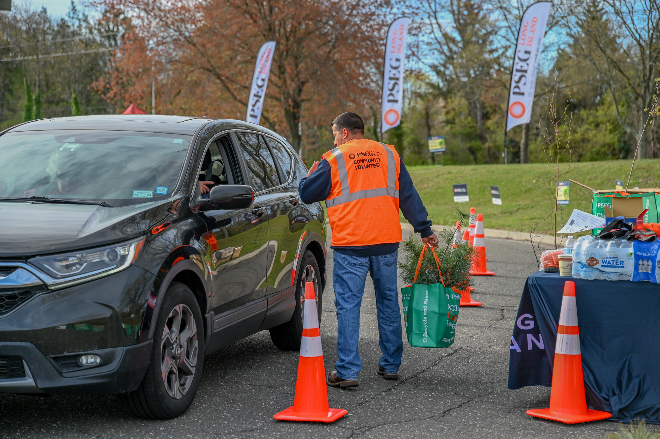 A PSEG Long Island volunteer helps load a free tree into a customer’s car during the 2024 Energy-Saving Trees giveaway in Hauppauge.