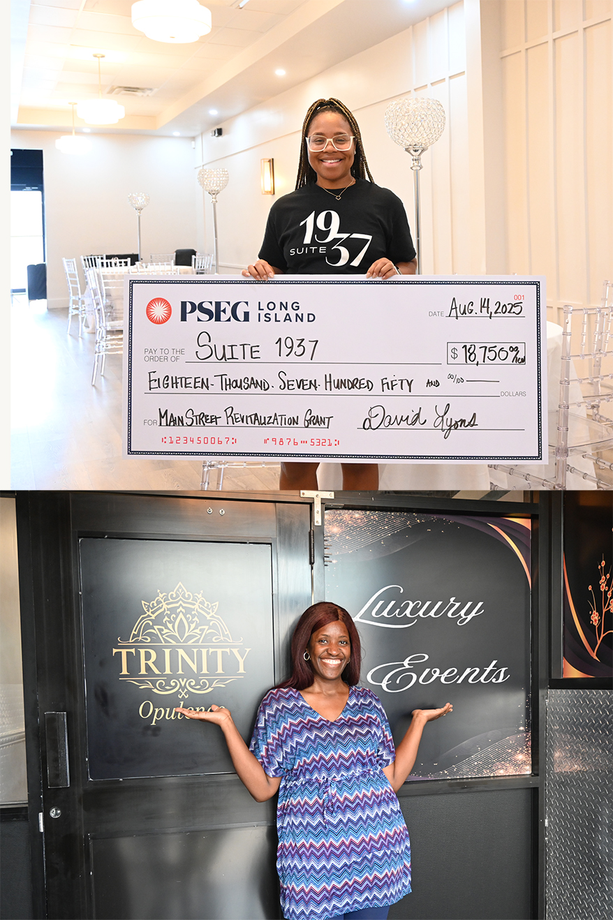 Pictured are (top photo) Nicole Sample-Harris, owner of Suite 1937 in Baldwin, and  Kemi Ajisafe, owner of Trinity Opulence in Hempstead (bottom photo). Both businesses qualified for credits on their electric bills of up to $10,000 under PSEG Long Island’s Vacant Space Revival program. Harris also earned a Main Street Revitalization grant of $18,750 for completing pre-approved improvement projects in the space.