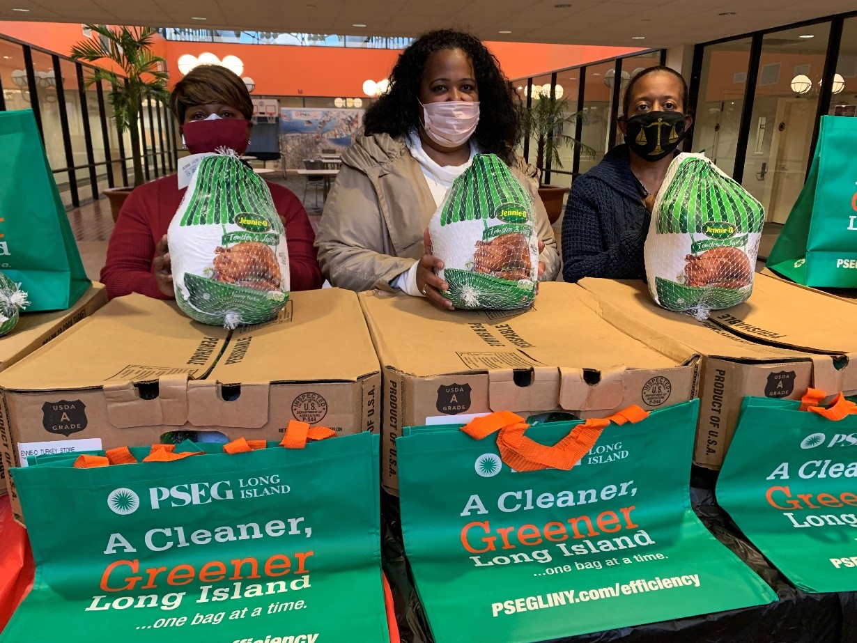 Pictured from left to right are: PSEG Long Island employees Gwendolyn Joseph of Freeport, Tonya Simmons and Belinda Cox, who assembled and donated Thanksgiving meals for the community.
