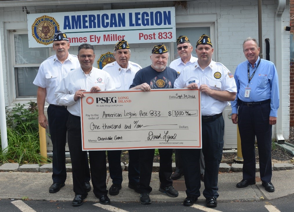 Pictured (l-r) are members of American Legion Post 833 and PSEG Long Island employees as follows: Kevin Eaton, 1st vice commander; Enrique Morales, PSEG Long Island; Richie Pandolf, 2nd vice commander; Ed Hemp, judge advocate; Tom Mooney, service officer; Bill Coderre, post commander; and Walter Hoefer, PSEG Long Island. 